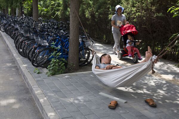 Pekin'de adam hamakta şekirleme yaparken. Bisiklet paylaşımı sistemleri Çin'in büyük şehirlerindeki ulaşımı kolaylaştırırken, aynı zamanda kaldırımları bloke ediyor. - Sputnik Türkiye