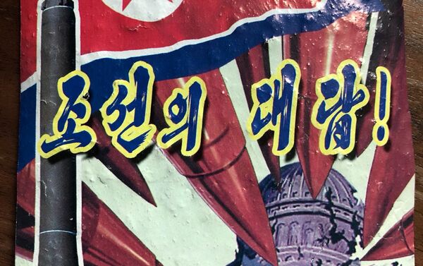 Kuzey Kore'den Güney Kore'ye balonlarla yollanan bir diğer propaganda afişinde de Beyz Saray füzelerle yıkılırken resmedildi. Üstünde ise Yanıtımız bu yazıyor. - Sputnik Türkiye
