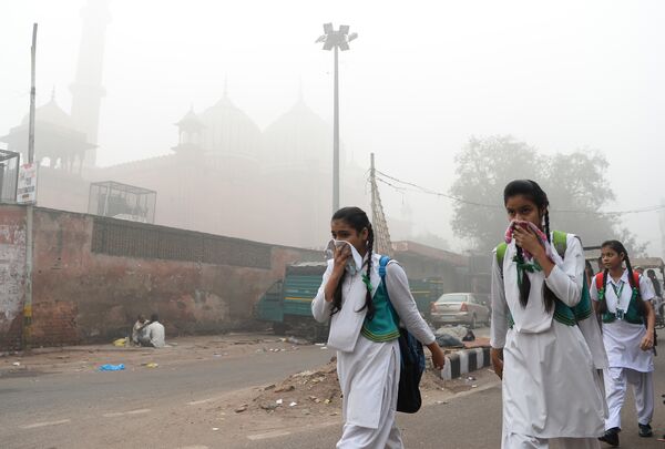 20 milyonluk nüfusuyla dünyanın en kalabalık başkenti Yeni Delhi'de yoğun duman tabakasının her tarafı kaplamasının ardından insanlar ağızlarını mendil ya da kıyafetleiyrle kapatarak günlük yaşamlarına devam etmeye çalıştı. - Sputnik Türkiye