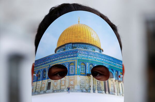 İslam İşbirliği Teşkilatı'nın düzenlendiği İstanbul Kongre Merkezi yakınlarında eylem yapan göstericilerden birinin maskesi - Sputnik Türkiye