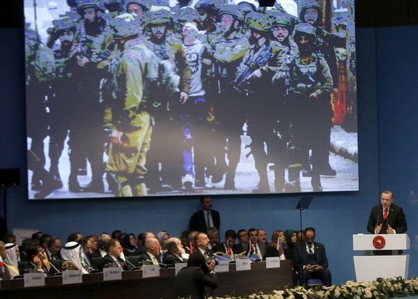 Erdoğan'ın konuşması sırasında, Batı Şeria'nın El-Halil kentinde 7 Aralık'ta yaşanan olaylarda AA foto muhabiri Wisam Hashlamoun'un çektiği, İsrail askerlerinin gözaltına alıp gözlerini bağlayarak götürdüğü 14 yaşındaki Fevzi el Junidi isimli Filistinli çocuğun fotoğrafı ekrana yansıtıldı. - Sputnik Türkiye