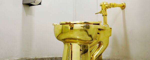 ABD'nin New York kentindeki Guggenheim Müzesi'nde sergilenen Maurizio Cattelan imzalı 'Amerika' adlı çalışır vaziyetteki som altından klozet - Sputnik Türkiye