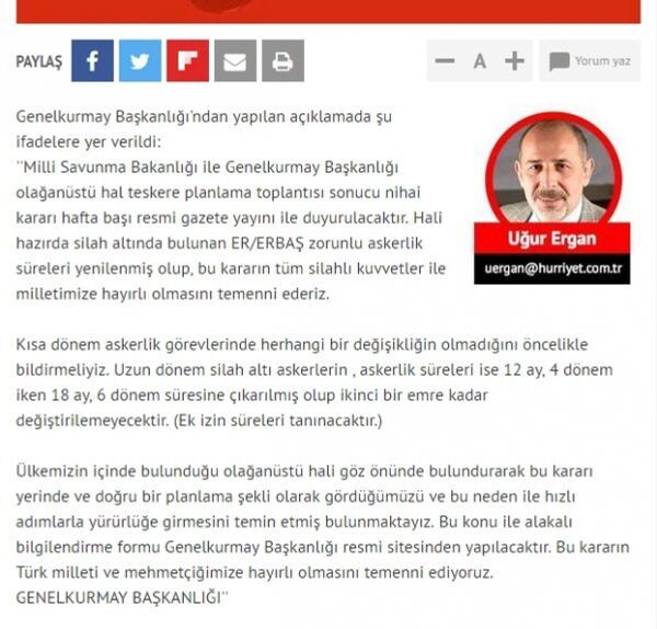 Hürriyet'te Uğur Ergan imzasıyla çıkan 'Askerlik uzadı' haberi. - Sputnik Türkiye