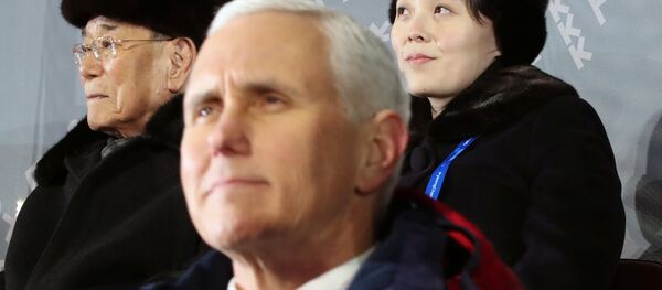 Önce ABD Başkan Yardımcısı Mike Pence, arkada Kuzey Kore'nin temsili Devlet Başkanı Kim Yong-nam ve Kuzey Kore lideri Kim Jong-un'un kızkardeşi Kim Yo-jong - Sputnik Türkiye