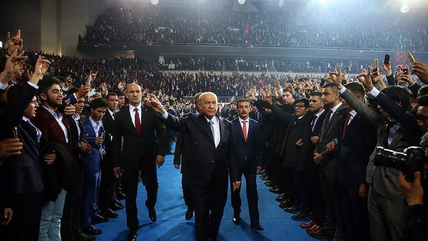 Devlet Bahceli salutes attendees of his party's congress in Ankara, 2021.