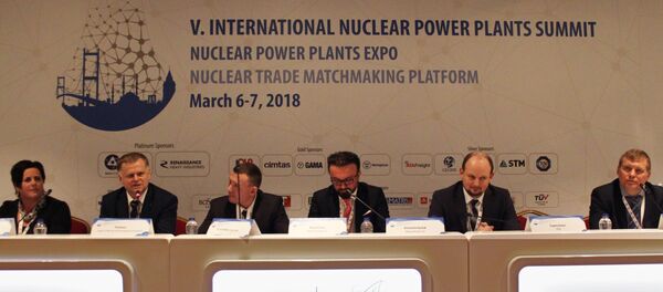 Uluslararası Nükleer Santraller Zirvesi ve Fuarı'nın birinci gününde gerçekleştirilen Rosatom oturumunda, Rosatom ve Akkuyu Nükleer A.Ş yetkilileri, temeli Nisan ayında atılacak olan Akkuyu Nükleer Santrali'ne ilişkin detayları aktardı. - Sputnik Türkiye