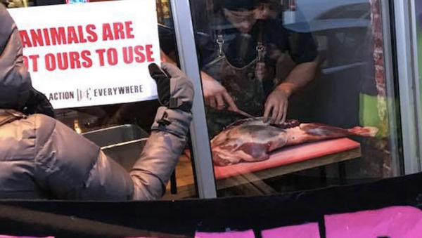 Vegan protestoculardan bıkan restoran sahibi eylemcilerin gözü önünde et yedi - Sputnik Türkiye