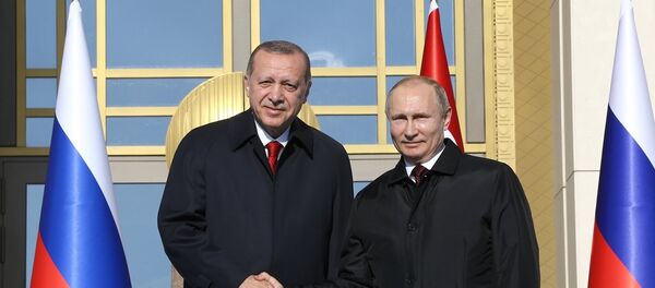 Cumhurbaşkanı Recep Tayyip Erdoğan ve Rusya Devlet Başkanı Vladimir Putin, Cumhurbaşkanlığı Külliyesi'nde video konferans yoluyla Akkuyu Nükleer Santrali Temel Atma Töreni'ne katıldı - Sputnik Türkiye