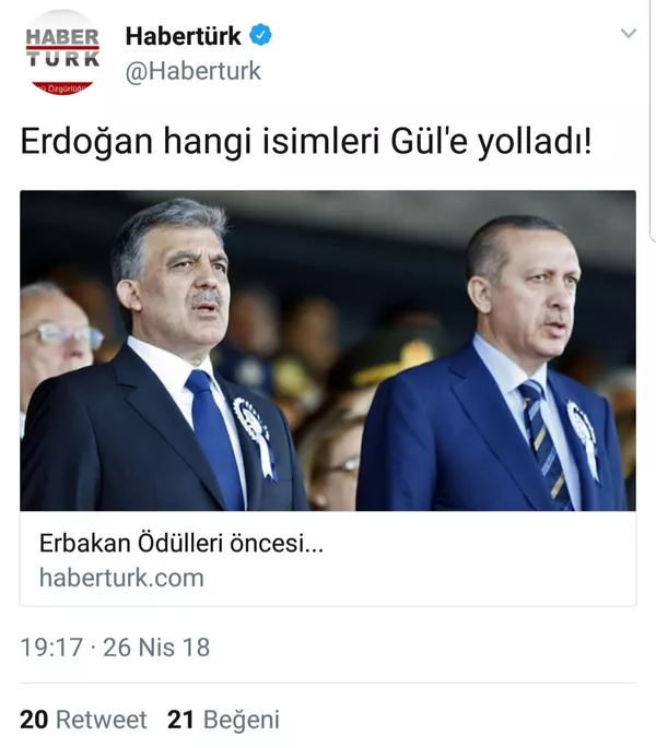 Habertürk'ün 'Erdoğan hangi isimleri Gül'e yolladı!' başlıklı haberinin sosyal medya paylaşımı Habertürk'ün 'Erdoğan hangi isimleri Gül'e yolladı!' başlıklı haberinin sosyal medya paylaşımı - Sputnik Türkiye