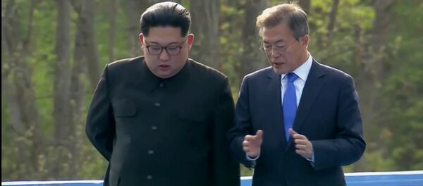 Güney Kore Devlet Başkanı Moon Jae-in ve Kuzey Kore lideri Kim Jong-un Panmunjom Ateşkes Köyü'ndeki zirve sırasında konuşurken - Sputnik Türkiye