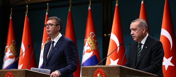 Cumhurbaşkanı Recep Tayyip Erdoğan ile Sırbistan Cumhurbaşkanı Aleksandar Vucic, Cumhurbaşkanlığı Külliyesi'nde ortak basın toplantısı düzenledi. - Sputnik Türkiye