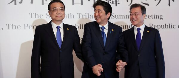 Çin Başbakanı Li Kıçiang, Japonya Başbakanı Şinzo Abe  ve Güney Kore Başbakanı Moon Jae-in tokyo'daki üçlü zirvede el ele - Sputnik Türkiye