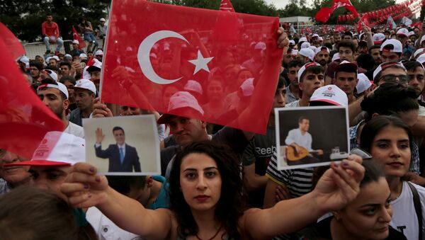 Muharrem İnce'nin Diyarbakır mitinginde HDP flamaları ve Demirtaş kartpostalları da açıldı. - Sputnik Türkiye