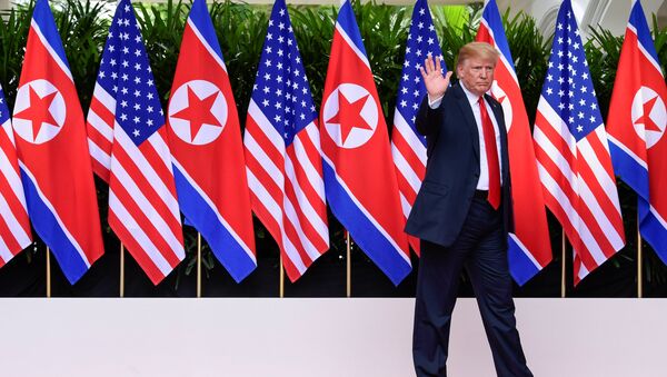 Donald Trump, Kuzey Kore bayrağı - Sputnik Türkiye