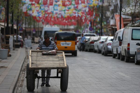 Hamallık yapan bir vatandaş çek çek arabasıyla bayrakların altından geçiyor. - Sputnik Türkiye