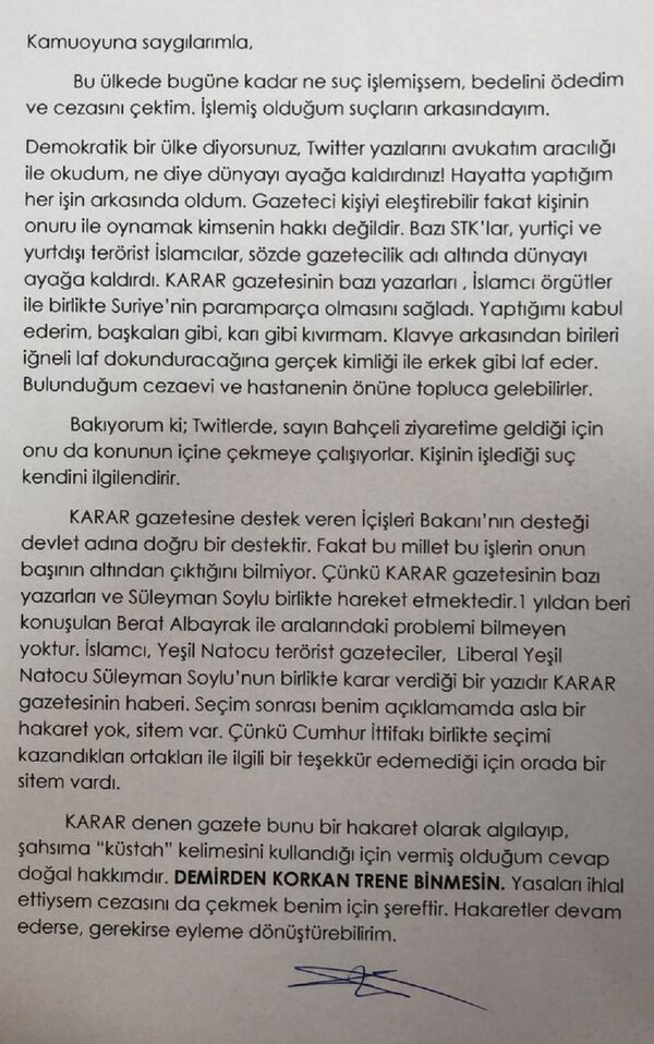 Alaattin Çakıcı'nın mektubu. - Sputnik Türkiye