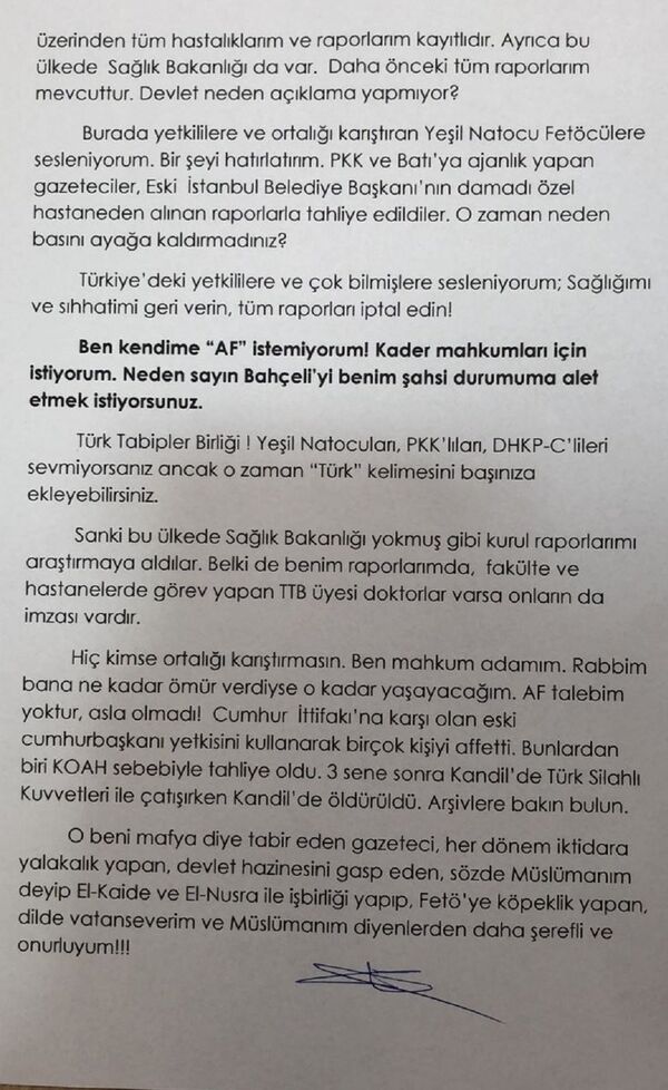 Alaattin Çakıcı'nın mektubu.  - Sputnik Türkiye