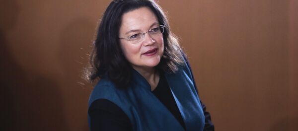 Andrea Nahles German Minister of Labor and Social Affairs arrives for thecabinet meeting of the German government after Sunday's general elections at the chancellery in Berlin, Wednesday, Sept. 27, 2017 - Sputnik Türkiye