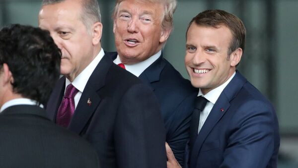 Cumhurbaşkanı Erdoğan, Merkel ile görüşeceği odaya geçerken koridorda ABD Başkanı Donald Trump ve Fransa Cumhurbaşkanı Emmanuel Macron ile karşılaştı ve bir süre sohbet etti. - Sputnik Türkiye