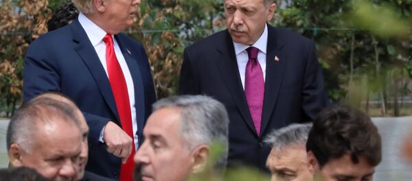 Cumhurbaşkanı Erdoğan, NATO Karargahında seremoni alanına ABD Başkanı Trump ile birlikte gitti. İki lider bir süre ayaküstü sohbet etti. - Sputnik Türkiye