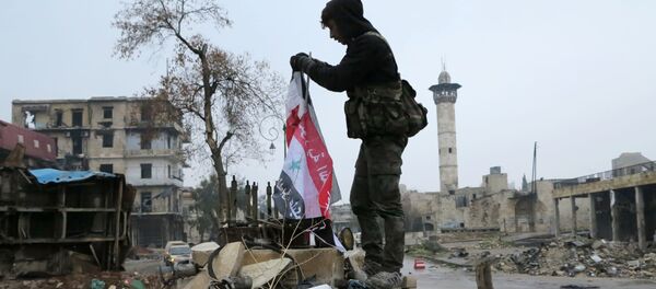 Suriyeli asker, Suriye Bayrağı'nı asıyor - Sputnik Türkiye