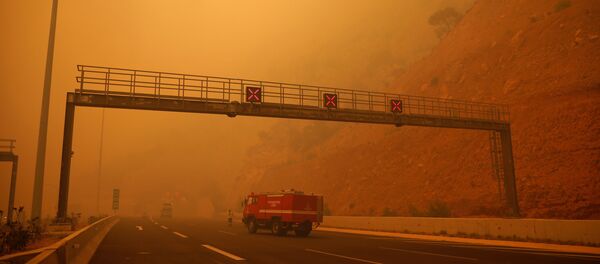 Şiddetli rüzgârın da etkisiyle büyüyen yangın, Kineta'nın Galini, Panorama ve Marula yerleşim alanlarını sarınca itfaiye, bölge sakinlerinin evlerini terk etmelerini istedi. - Sputnik Türkiye