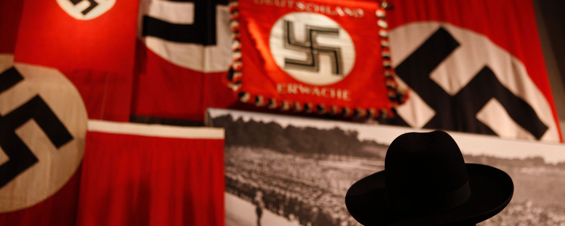 A man looks at exhibit showing the Nazi flags. - Sputnik Türkiye, 1920, 02.02.2021