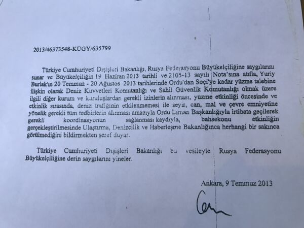 Rus Gezgin Yuriy Aleksandroviç Burlak'ın 2013'teki Ordu-Soçi yolculuğu için çıkan izin belgesi. - Sputnik Türkiye