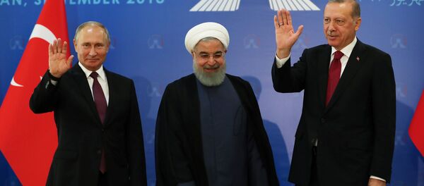 Rusya Devlet Başkanı Vladimir Putin, Türkiye Cumhurbaşkanı Recep Tayyip Erdoğan ve İran Cumhurbaşkanı Hasan Ruhani - Sputnik Türkiye