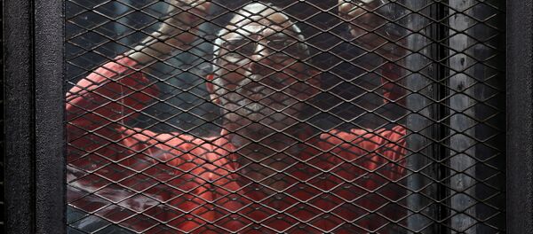 Tora'da kafes arkasından bağıran İhvan Rehberlik Konseyi Başkanı Muhammed Bedii - Sputnik Türkiye