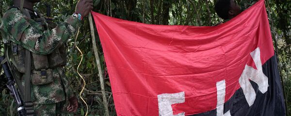 Los rebeldes del Ejército de Liberación Nacional (ELN) sostienen un estandarte en las selvas del noroeste de Colombia - Sputnik Türkiye