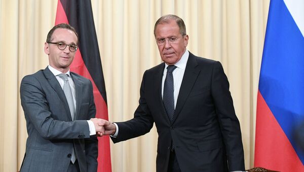 Russian Acting Foreign Minister Sergei Lavrov and German Foreign Minister Heiko Maas, left, at a joint news conference following a meeting at the Russian Foreign Ministry Reception House - Sputnik Türkiye