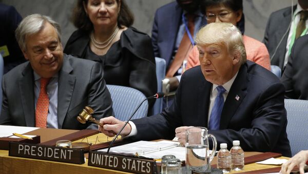 BM Genel Sekreteri Antonio Guterres'in eşlik ettiği ABD Başkanı Donald Trump, BM Güvenlik Konseyi toplantısının açılışını yaptı. - Sputnik Türkiye