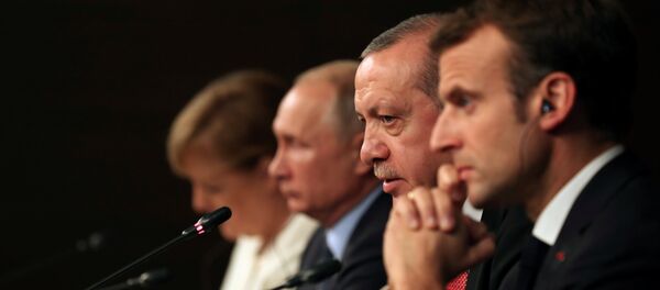Rusya Devlet Başkanı Vladimir Putin, Cumhurbaşkanı Recep Tayyip Erdoğan, Almanya Başbakanı Angela Merkel ve Fransa Cumhurbaşkanı Emmanuel Macron - Sputnik Türkiye