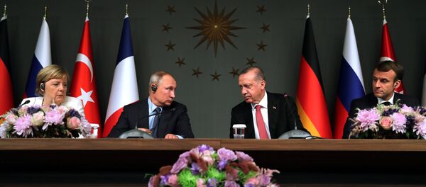 Rusya Devlet Başkanı Vladimir Putin, Cumhurbaşkanı Recep Tayyip Erdoğan, Almanya Başbakanı Angela Merkel ve Fransa Cumhurbaşkanı Emmanuel Macron - Sputnik Türkiye