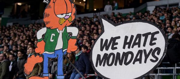 Bundesliga'daki Werder Bremen maçında, çizgi kedi karakter Garfield'in Pazartesilerden nefret ediyoruz slonaı eşliğinde pazartesi maçları protesto edilirken Bundesliga'daki Werder Bremen maçında, çizgi kedi karakter Garfield'in Pazartesilerden nefret ediyoruz slonaı eşliğinde pazartesi maçları protesto edilirken - Sputnik Türkiye