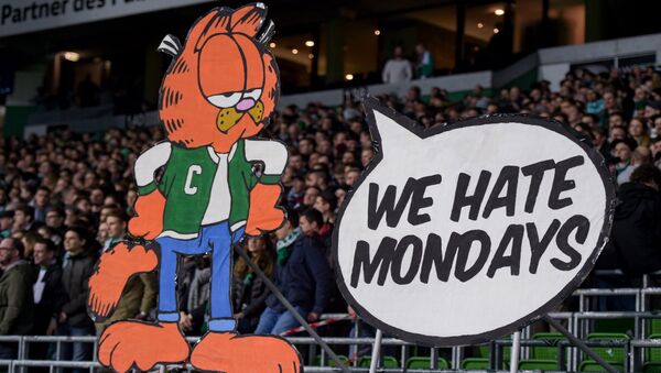 Bundesliga'daki Werder Bremen maçında, çizgi kedi karakter Garfield'in Pazartesilerden nefret ediyoruz slonaı eşliğinde pazartesi maçları protesto edilirken - Sputnik Türkiye