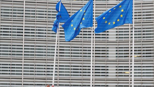 Brüksel'deki göçmen karşıtı protestocular Avrupa Komisyonu önünde AB bayraklarını indirmeye ve binanın içine baskın düzenlemeye çalıştı. - Sputnik Türkiye