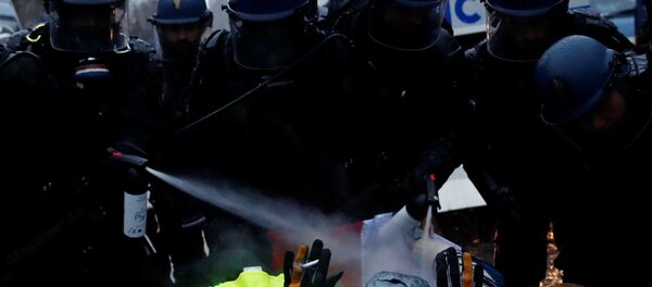 Fransız jandarması Sarı Yelekler eylemcilerini yüzlerini hedef alarak yakın mesafeden gaza boğarken - Sputnik Türkiye
