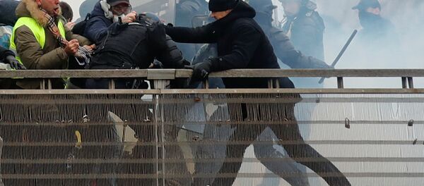 Paris'te Fransız meclisi yakınındaki köprü üzerinde polisin saldırdığı protestocuların imdadına siyah bereli ve eldivenli eki şampiyon boksör Christophe Dettinger yetişti. - Sputnik Türkiye