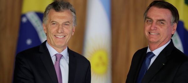 Mauricio Macri  ile Jair Bolsonaro (sağda) Brezilya'daki görüşmede el sıkışırken - Sputnik Türkiye