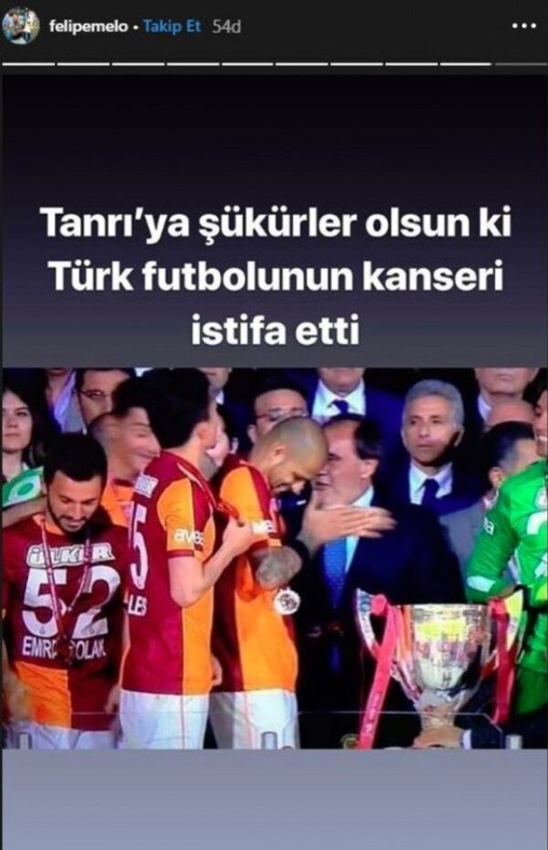 Melo, Demirören'in istifasının ardından Instagram hesabından yaptığı paylaşıma, Türk futbolunun kanseri istifa etti notunu düştü. - Sputnik Türkiye