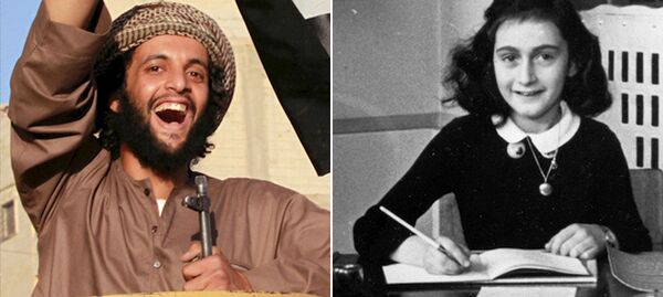 Suriye'de bir IŞİD savaşçısı (solda), Nazilerden saklandığı iki yıl boyunca yaşanan olayları günlüğüne yazdıktan sonra Naziler tarafından bulunup toplama kampında ölen Anna Frank (sağda) - Sputnik Türkiye