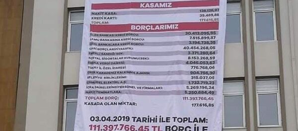 MHP’li Belediye Başkanı Ertuğrul Karagöz, selefi AK Partili Başkan Hüseyin Yıldırım döneminden kalma borç durumu gösteren afişi belediye binasına astırdı. - Sputnik Türkiye