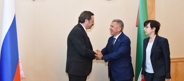  Rusya Federasyonu Tataristan Özerk Cumhuriyeti Cumhurbaşkanı Rüstem Minnihanov ve  Türkiye Odalar ve Borsalar Birliği (TOBB) Başkanı Rıfat Hisarcıklıoğlu - Sputnik Türkiye