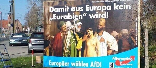 AfD kampanyasının en dikkat çekici afişinde, Fransız Oryantalist ressam Jean-Leon Gerome'un 1866 tarihli 'Köle Pazarı' tablosu yer alıyor. - Sputnik Türkiye