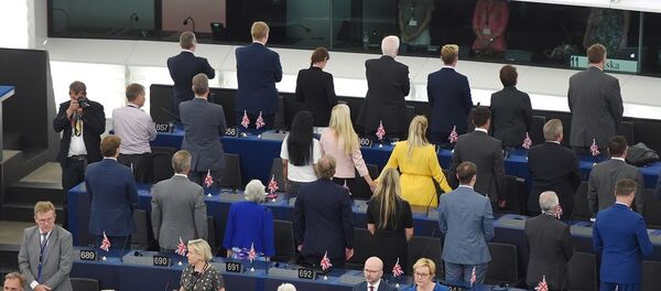 Avrupa Parlamentosu'nun (AP) yeni dönemi İngiliz Brexit partisinden 29 milletvekilinin Avrupa marşı okunduğu sırada sırtını dönerek Avrupa'yı protesto etmesiyle başladı. - Sputnik Türkiye