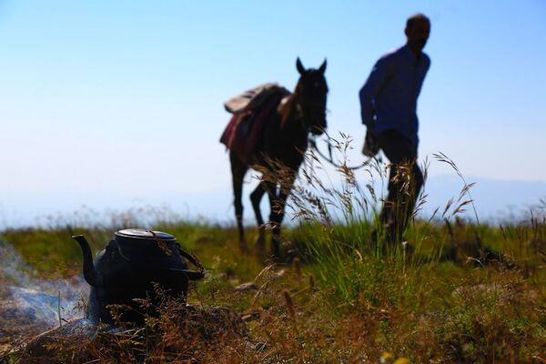 Sabah kahvaltısı için yaktığı ateş üstünde çay demleyen bir köylü, bir taraftan da çalışmak için atını hazırlıyor. - Sputnik Türkiye