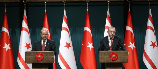 Cumhurbaşkanı Recep Tayyip Erdoğan, Kuzey Kıbrıs Başbakanı Ersin Tatar ile ortak basın toplantısı düzenledi. - Sputnik Türkiye