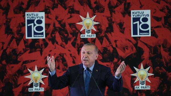 Türkiye Cumhurbaşkanı ve AK Parti Genel Başkanı Recep Tayyip Erdoğan, partisinin 18. kuruluş yıl dönümü dolayısıyla ATO Congresium'da düzenlenen resepsiyonuna katılarak konuşma yaptı. - Sputnik Türkiye